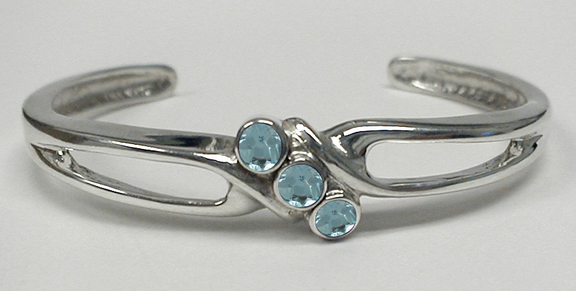 Sterling Silver 3 Stone Cuff Bracelet With Faceted Blue Topaz